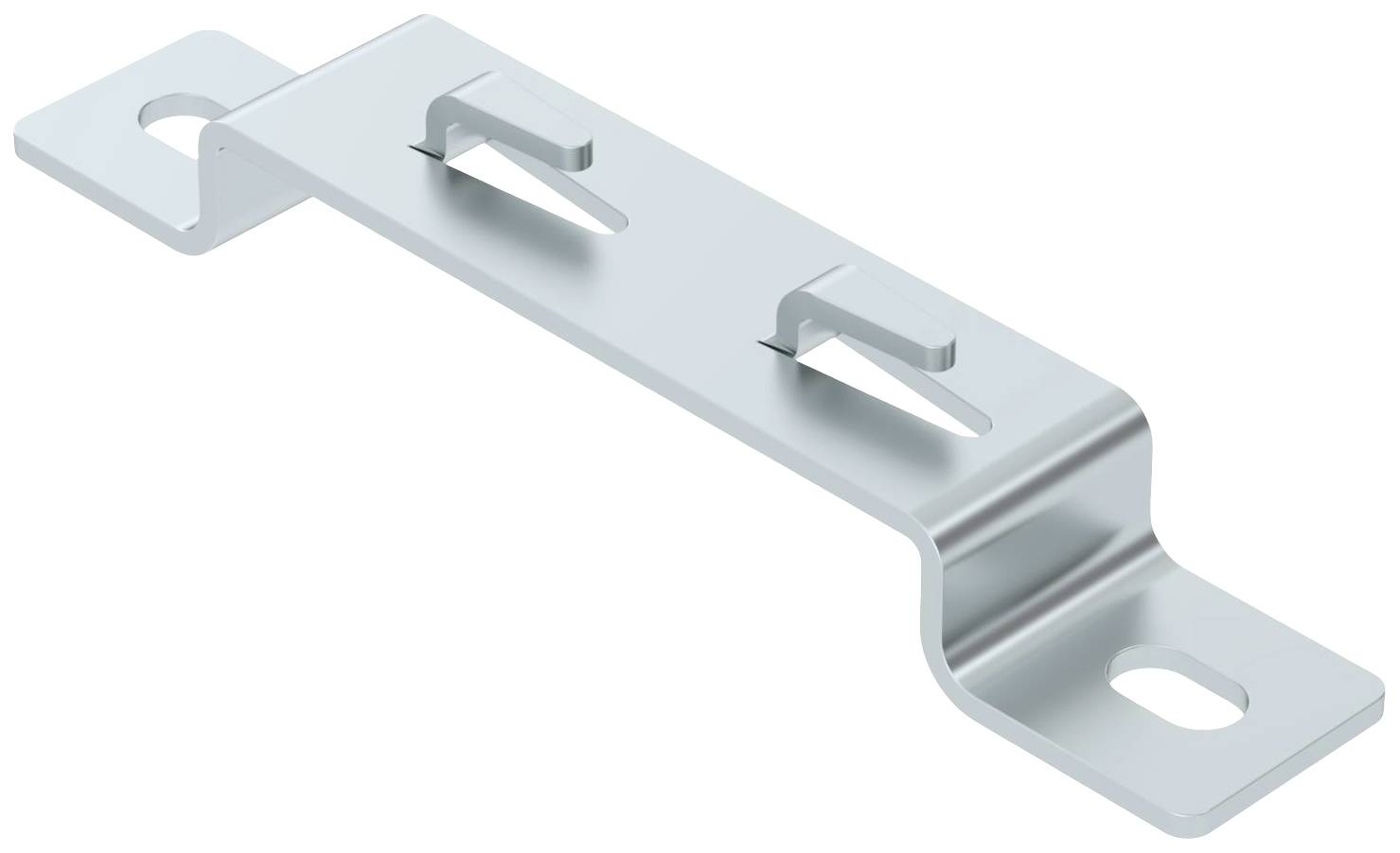 Metallbeschlag mit gebogenem Design, zwei Befestigungslöchern an den Enden und zwei Clips in der Mitte zur Stabilisierung oder Montage.