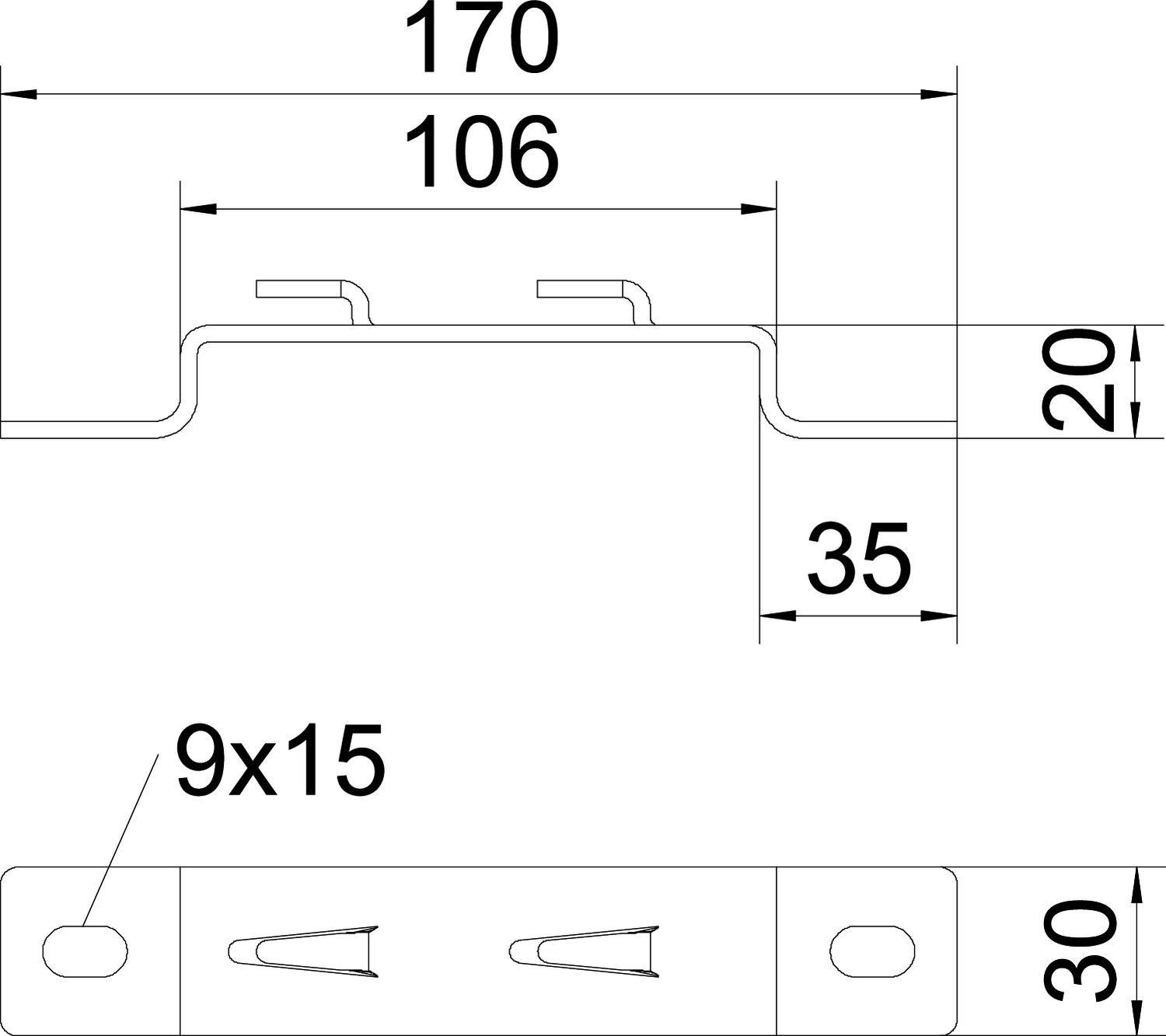 Technische Zeichnung eines Metallprofils mit Maßen: Breite 170 mm, Höhe 35 mm, Tiefe 30 mm. Bohrungen 9x15 mm.