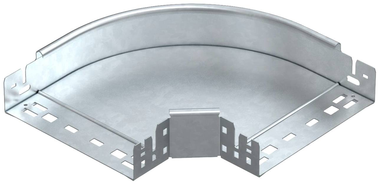 Metallbiegung in Form eines Viertelkreises, verwendet in Kabelmanagementsystemen, mit Befestigungslöchern an den Seiten.