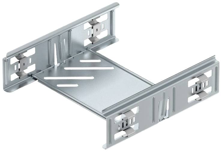 Metallhalterung mit Schlitzen und seitlichen Clips, geeignet für Kabel- oder Rohrbefestigung an Wänden oder Decken.