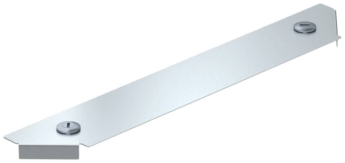 Metallische Abdeckplatte mit zwei fixierten Schrauben an den Enden, zur Befestigung oder Abdeckung in mechanischen oder elektronischen Anwendungen.