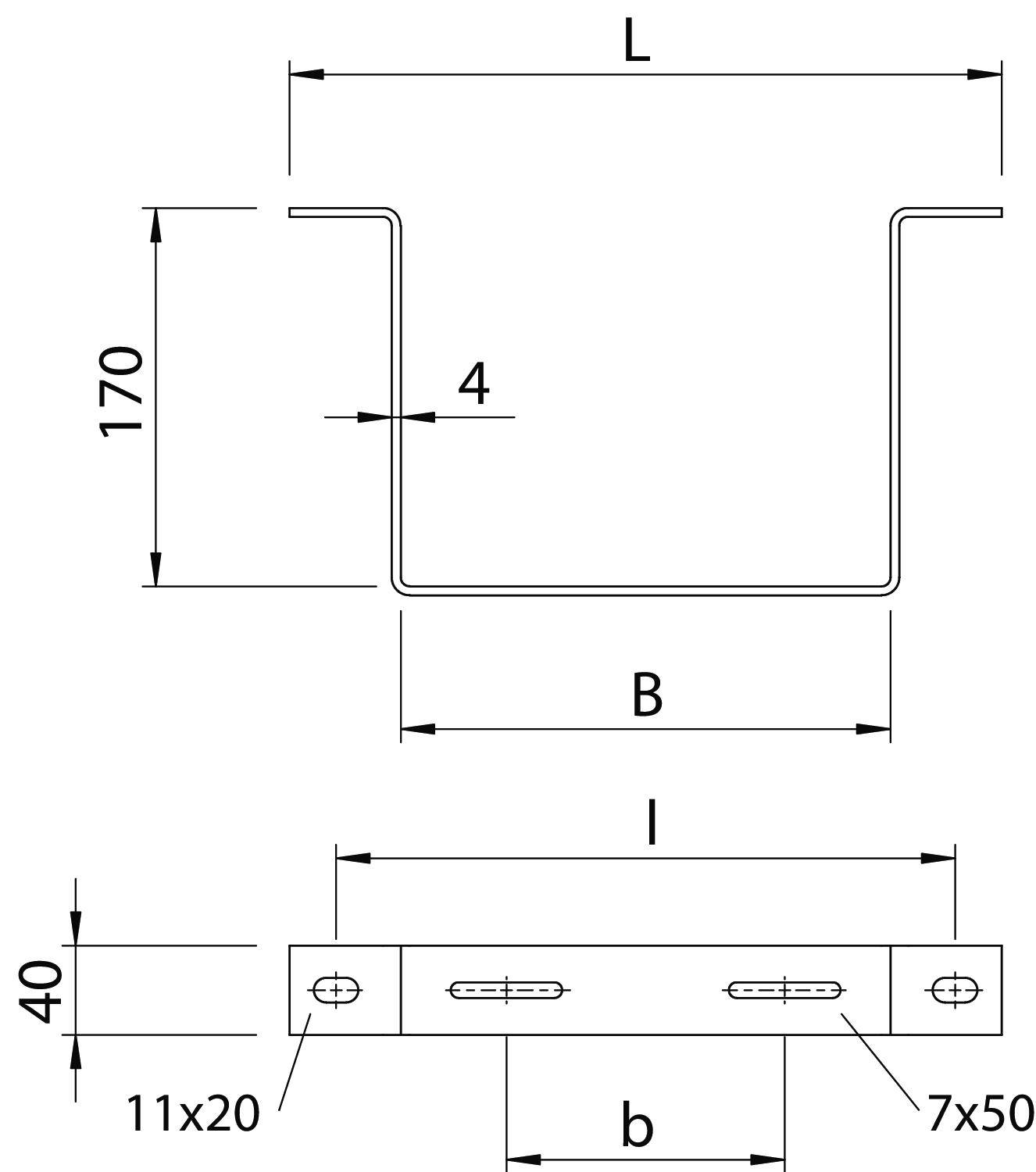 Technische Zeichnung eines Metallprofils. Oben: Profilquerschnitt mit Maßen L, B, 170 und 4. Unten: Seitenansicht mit Maßen l, b, 11x20, 7x50, 40.