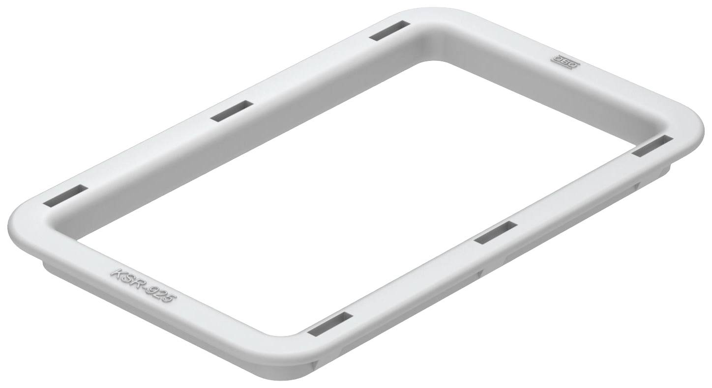 Ein rechteckiger, weißer Kunststoffrahmen mit abgerundeten Ecken und mehreren Clips an den Seiten.