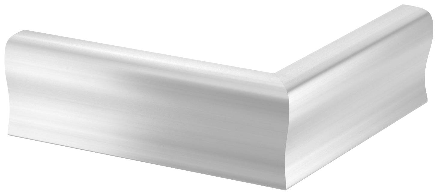 Ein silbernes, L-förmiges Stück Metall mit abgerundeten Kanten, möglicherweise ein Bauelement oder Dekorationsteil.