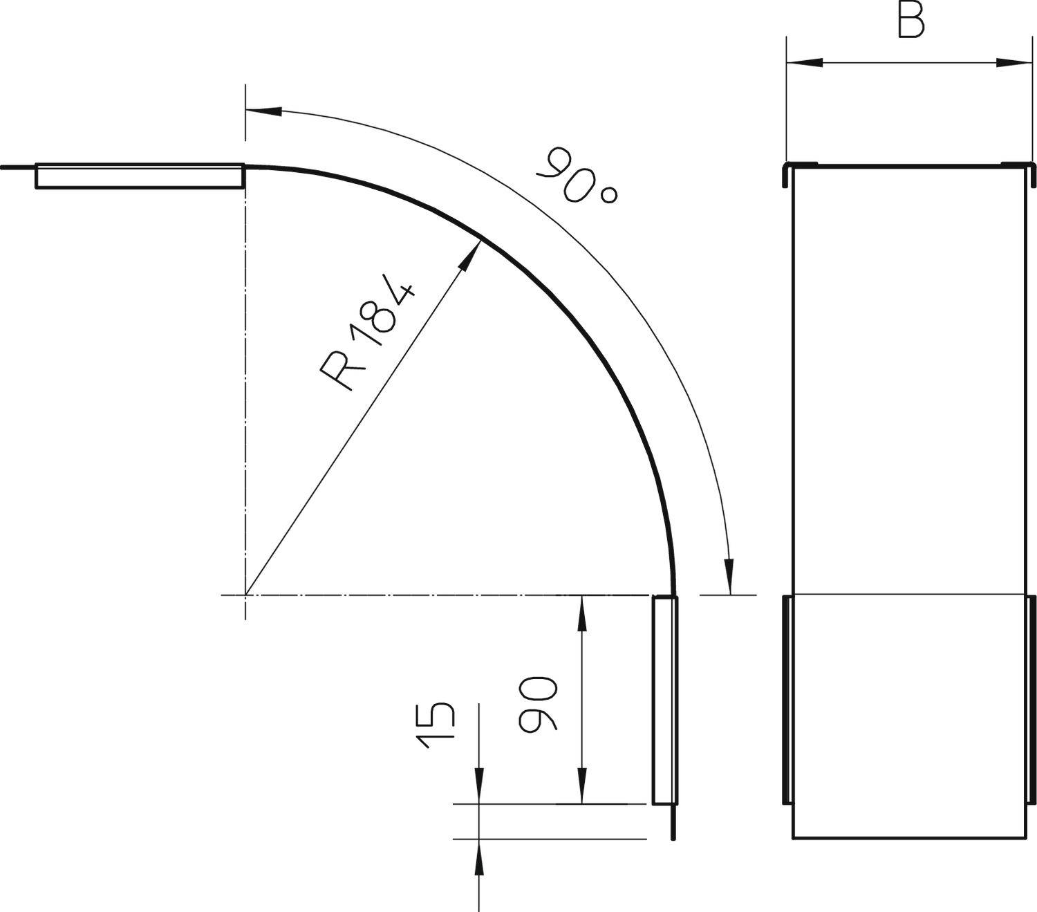 Technische Zeichnung eines 90-Grad-Winkelrohrs mit einem Radius von 184 mm. Seitenansicht und Draufsicht mit Maßen 15 und 90 mm.
