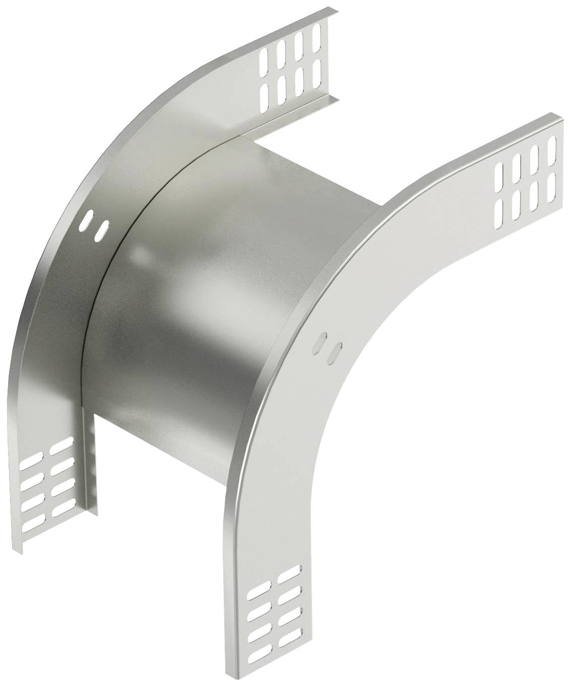 Metallene Kabelrinne in U-Form mit perforierten Seitenwänden und glatter Oberfläche. Verwendet für Kabelmanagement in industriellen Umgebungen.