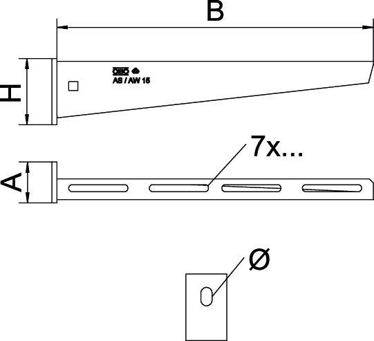 Technische Zeichnung einer Metallstrebe. Die obere Ansicht zeigt die Länge ‘B’ und Höhe ‘H’. Seitliche Ansicht mit 7 Löchern 'Ø'.