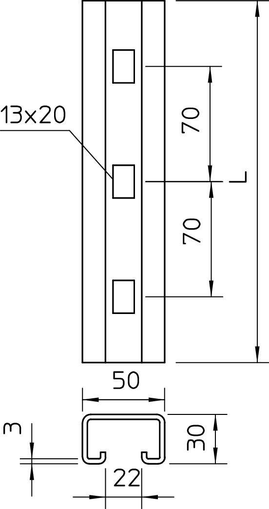 Technische Zeichnung eines U-Profils mit Bemaßungen: 13x20 mm Löcher, Breite 50 mm, Höhe 3 mm, innerer Abstand 22 mm, Profilhöhe 70 mm.