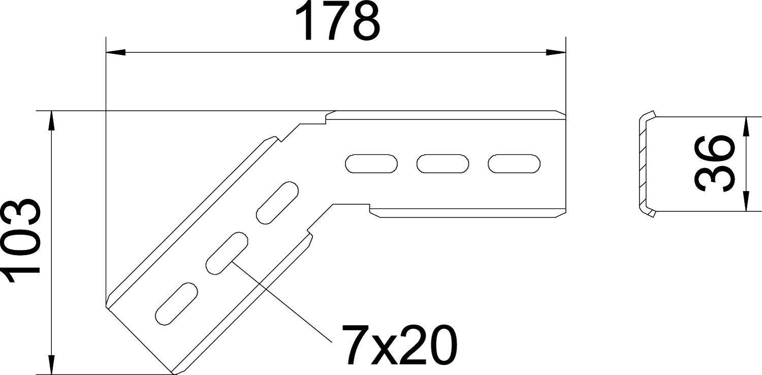 Technische Zeichnung eines Metallwinkels mit Abmessungen: Länge 178 mm, Höhe 103 mm, Breite 36 mm. Löcher: 7 x 20 mm.