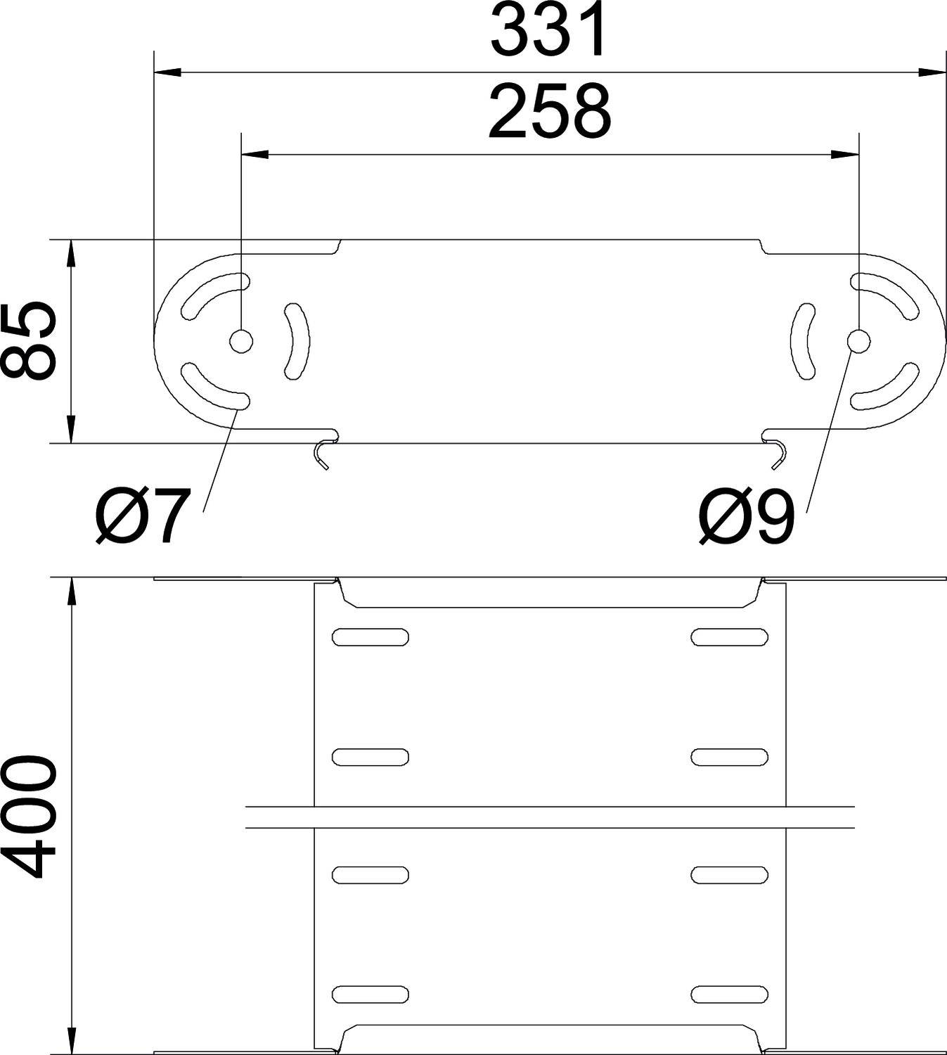 Technische Zeichnung eines Bauteils mit den Abmessungen 331 x 85 x 400 mm. Bohrlöcher von Ø7 mm und Ø9 mm.