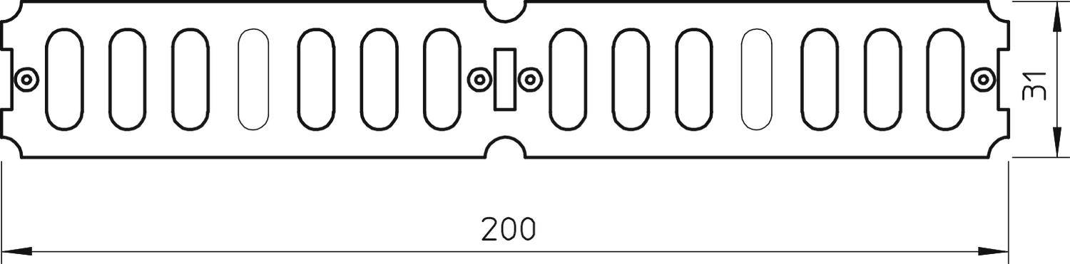 Technische Zeichnung eines rechteckigen Metallprofils mit ovalen Löchern. Abmessungen: Länge 200 mm, Höhe 31 mm.