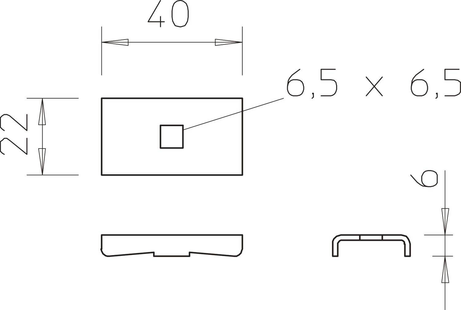 Technische Zeichnung eines rechteckigen Bauteils mit den Maßen 40 x 22 mm. Mittiges Quadrat von 6,5 x 6,5 mm und Draufsicht.