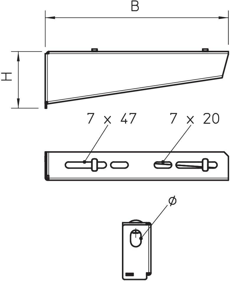 Zeichnung eines Winkels mit Maßen: Breite (B), Höhe (H), Schraubenlöcher 7 x 47 und 7 x 20 mm, Seitenansicht und Draufsicht dargestellt.