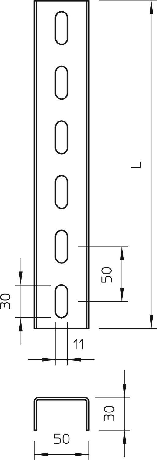 Technische Zeichnung eines U-Profils mit Bemaßungen: Länge L, Breite 50 mm, Höhe 30 mm, Wandstärke 11 mm, mit ovalen Löchern.
