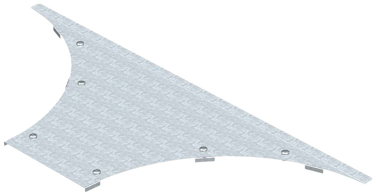 Metallscheibe mit trapezförmiger Struktur und abgerundeter Ecke, perforiert mit mehreren Befestigungslöchern.