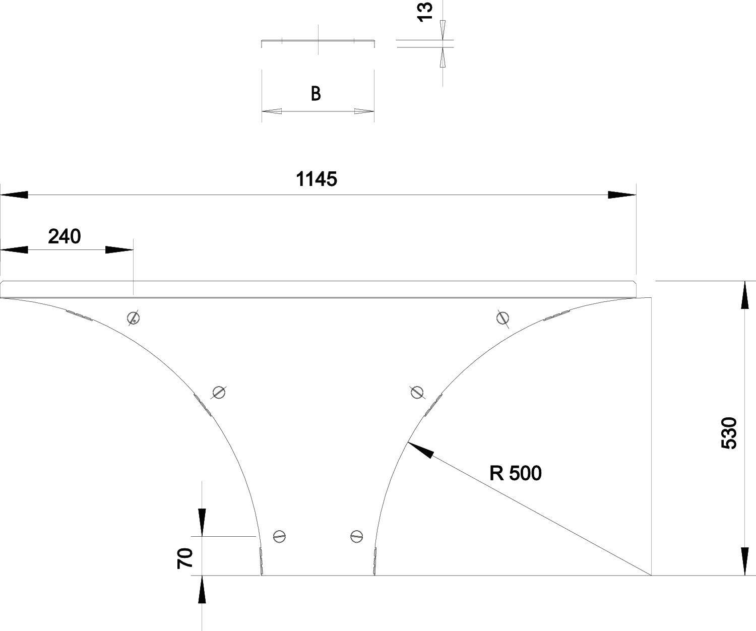 Technische Zeichnung eines Metallträgers mit Maßen: Breite 1145mm, Höhe 530mm, Bogenradius 500mm. Schraubenlöcher markiert.