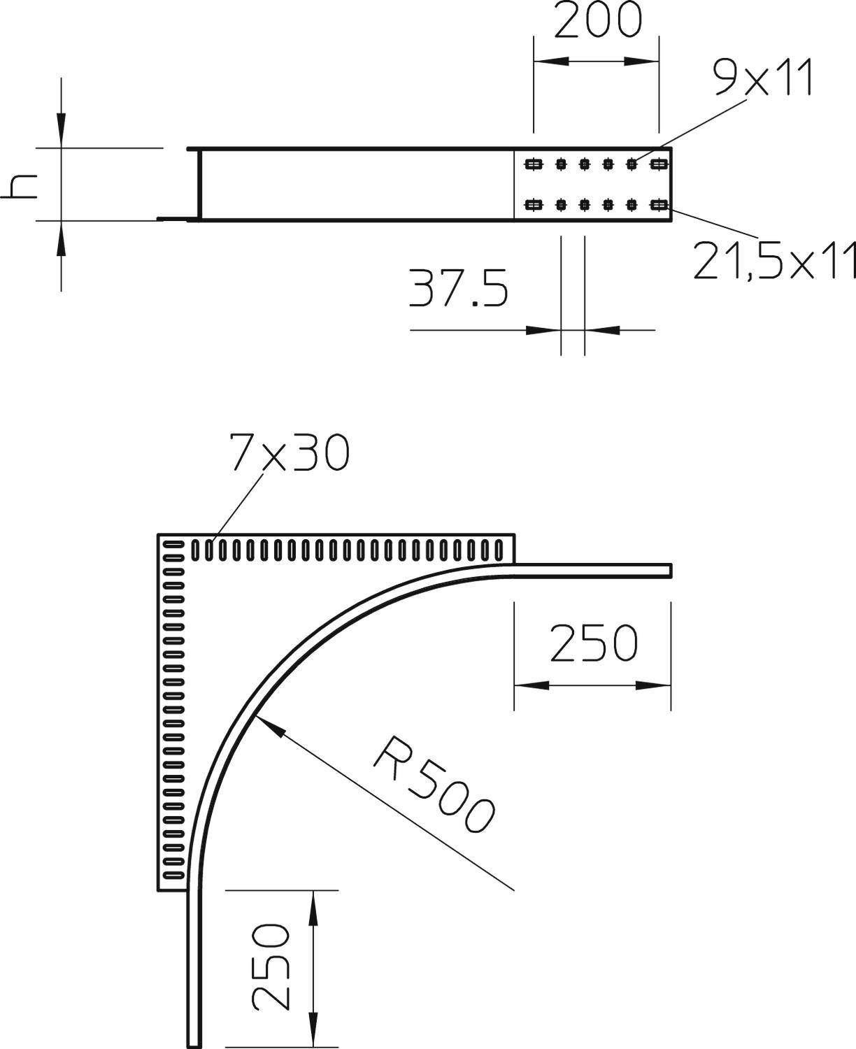 Technische Zeichnung einer gebogenen Metallleiste. Maße: 200x250 mm, Radius 500 mm. Seitliche und vordere Ansicht mit Bohrlöchern.