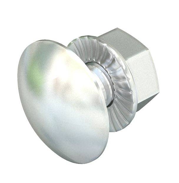 Ein silberfarbener Metallknauf mit sechseckiger Mutter, möglicherweise ein Teil eines mechanischen oder industriellen Geräts.
