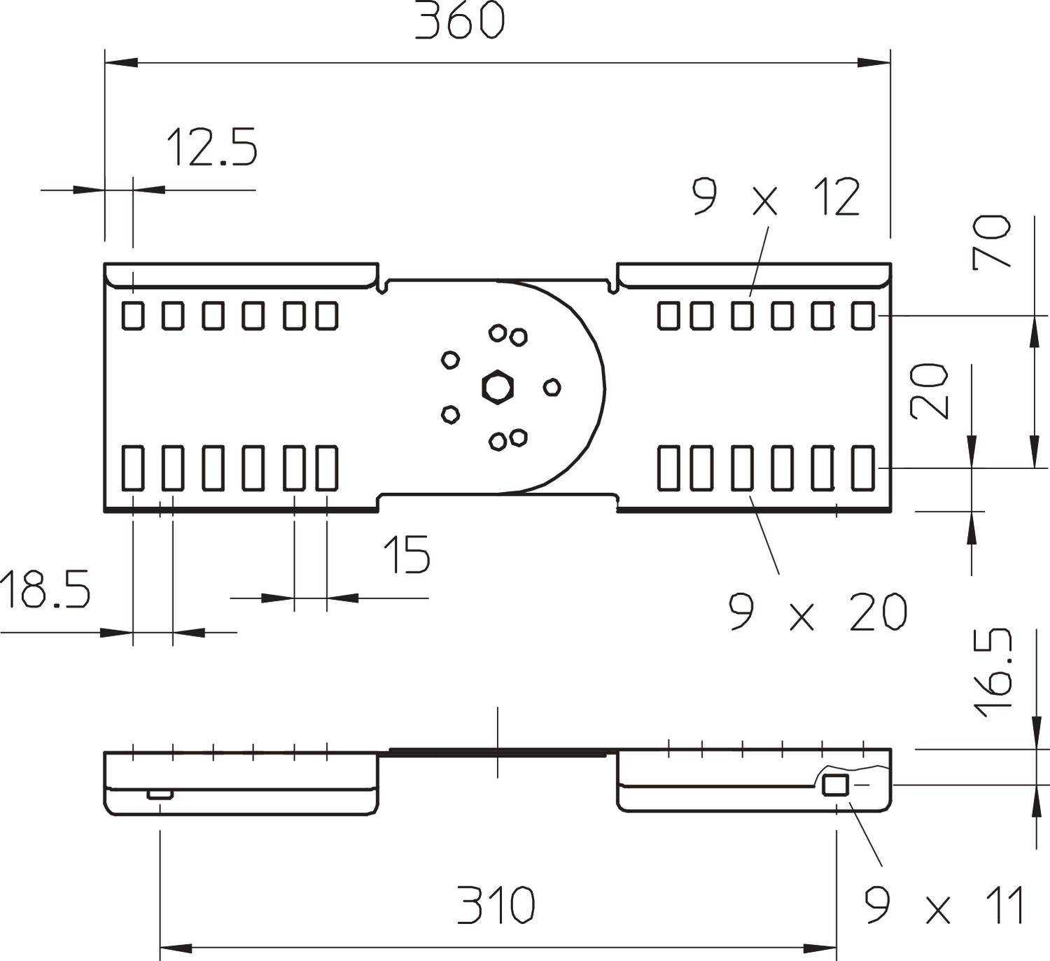 Technische Zeichnung eines rechteckigen Metallteils mit symmetrischen Löchern und Maßen: Gesamtbreite 360 mm, Höhe 70 mm.