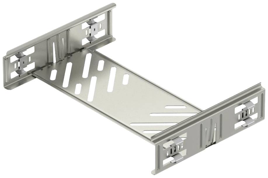 Metallbaugruppe mit rechteckiger Basis und zwei perforierten Seitenteilen, eingesetzt als Befestigungselement in technischen Anwendungen.