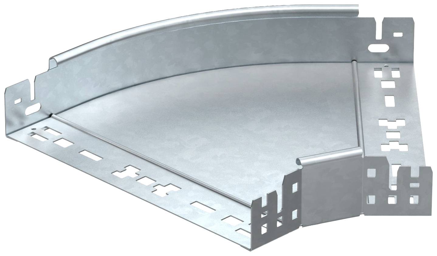 Metallisches Eckverbindungsteil für Kabeltrassen, ermöglicht Richtungsänderung. Geriffelte Oberfläche für Stabilität.