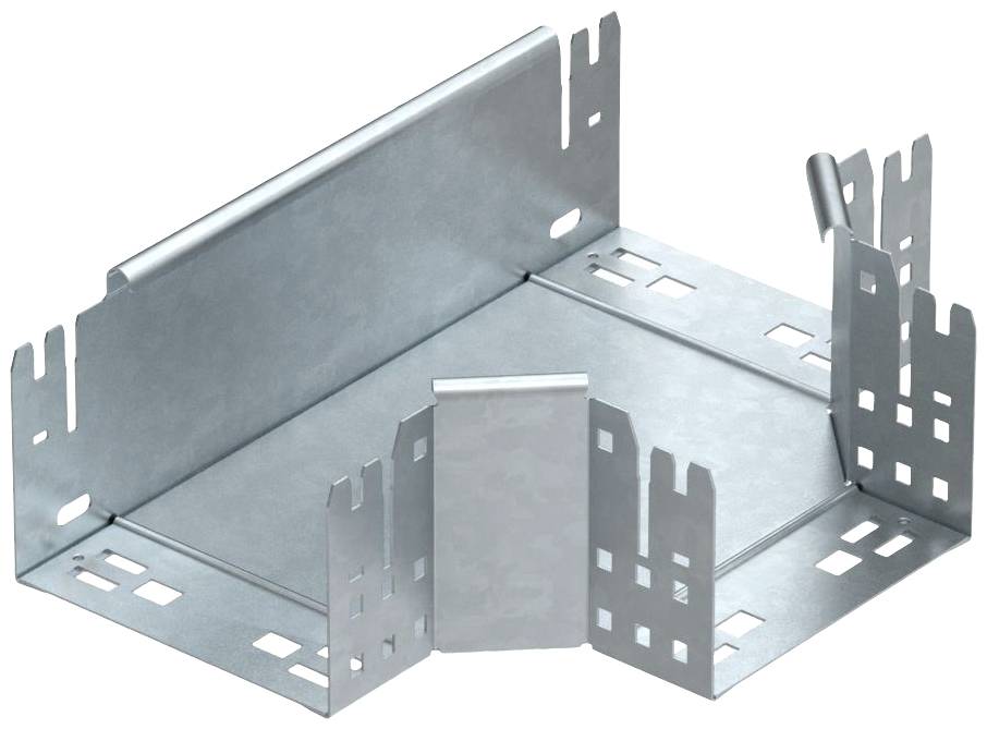 Metallisches Verbindungselement mit mehreren Steckfächern und Ecken, wahrscheinlich für strukturelle oder elektrotechnische Anwendungen.