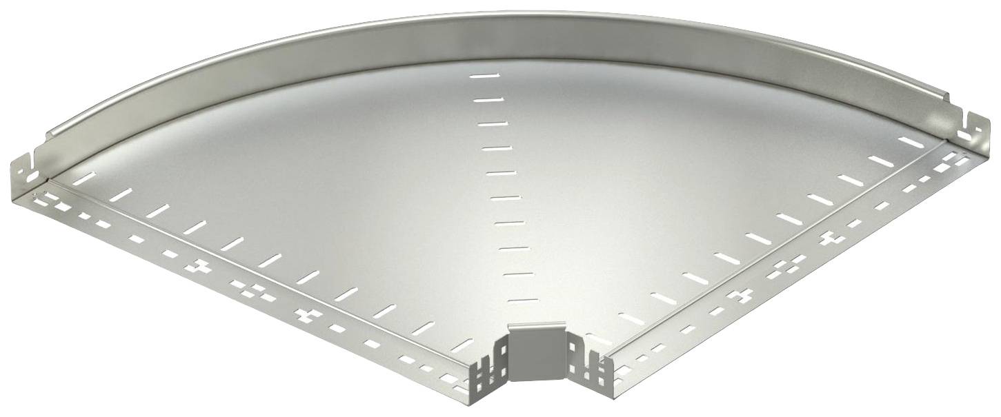 Metallische Kabelrinne mit abgewinkeltem, gebogenem Design, geeignet für die Installation in Ecken oder Kurven von Gebäuden.