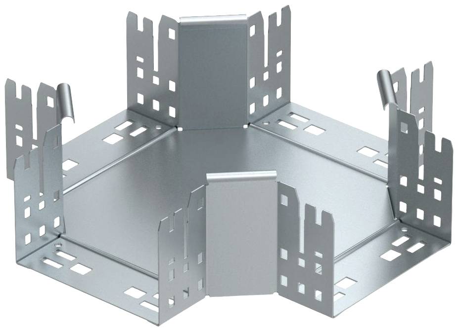 Fünfeckiges, graues Metallstück mit hochstehenden Laschen an den Kanten, wahrscheinlich für Kabelmontage oder -führung.
