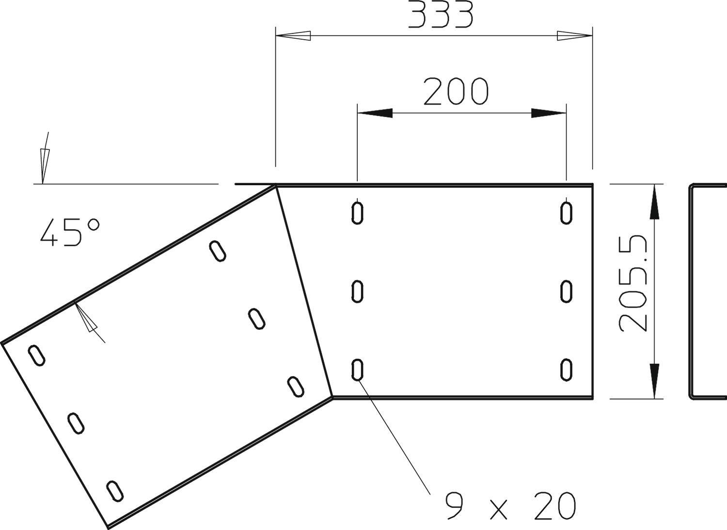 Technische Zeichnung eines Winkelelements mit 45°-Neigung, Maßen 333x205,5 mm. Enthält Bohrungen 9x20 mm und Maßangaben.