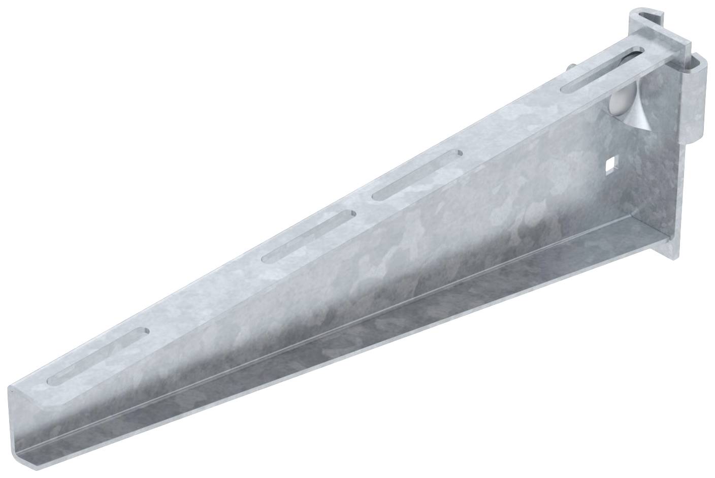 Metallischer, dreieckiger Träger mit Öffnungen, vermutlich zur Befestigung oder Unterstützung in Baukonstruktionen.