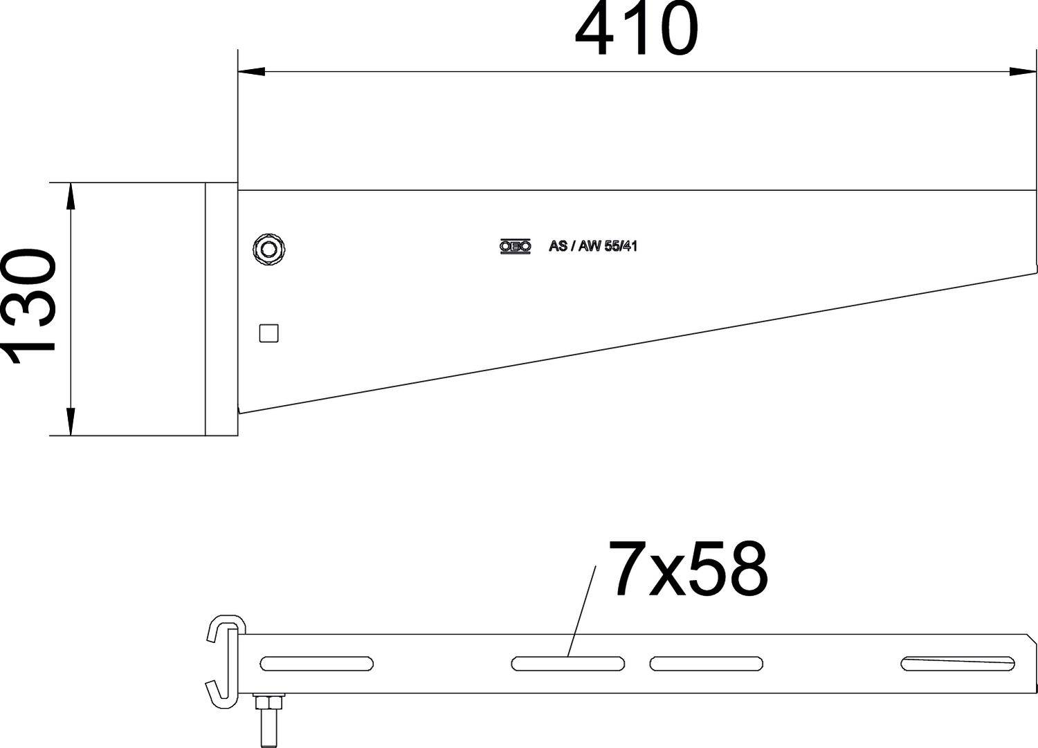 Technische Zeichnung eines Metallwinkels mit den Maßen 410 mm x 130 mm. Unten ist eine Seitenansicht mit '7x58' markiert.