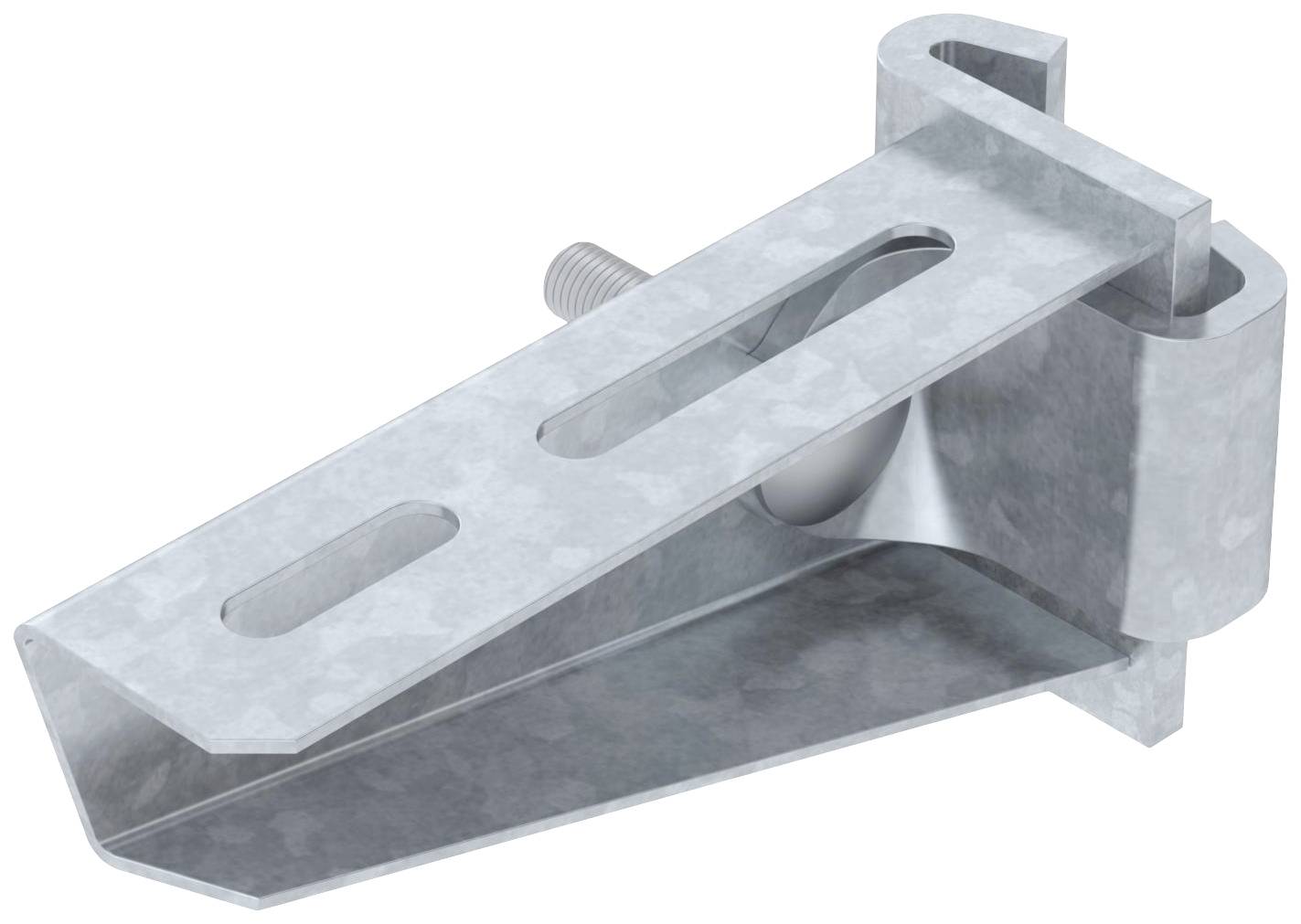 Metallischer Montagewinkel mit Schraube, verwendet zur Befestigung in Baukonstruktionen. Zeigt schräges Design mit zwei Langlöchern.