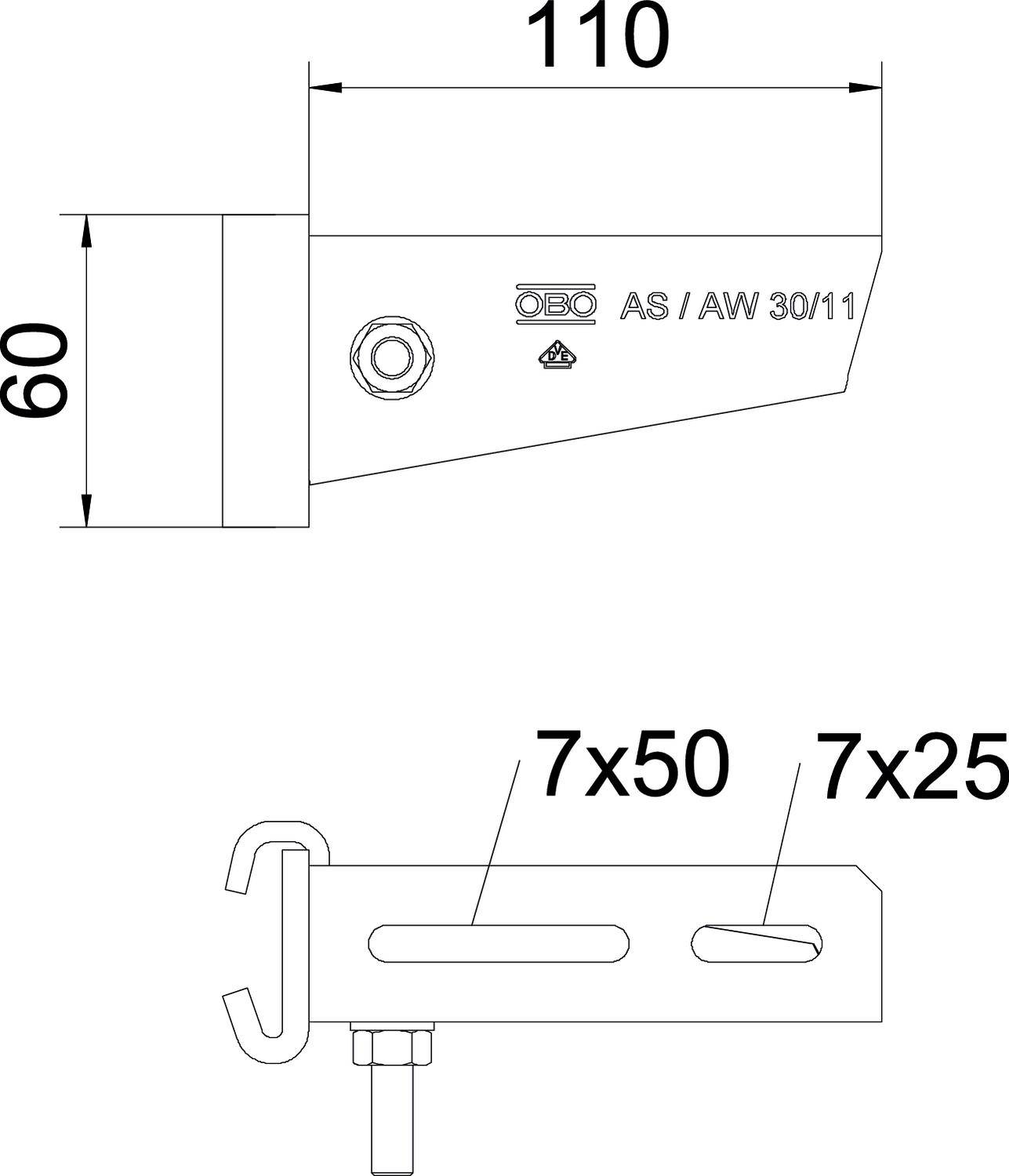 Technische Zeichnung eines Schraubwinkels. Dimensionen: 60mm Höhe, 110mm Länge. Gezeigt sind zwei verschiedene Ansichten mit Bohrungen 7x50 und 7x25.
