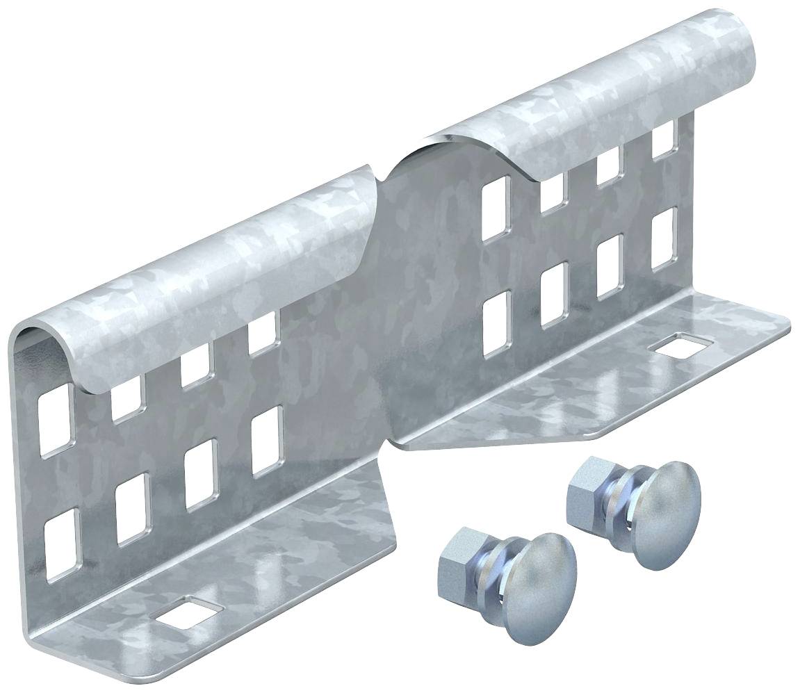 Metallhalterung mit zwei Winkeln und rechteckigen Ausschnitten, enthalten sind zwei Schrauben mit abgerundeten Köpfen.