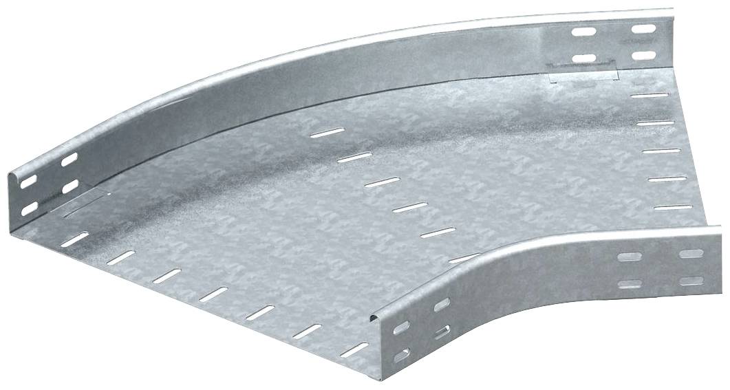 Ein silbernes Kabelrinnen-Eckstück aus Metall, 90-Grad-Winkel, mit Schlitzöffnungen für Kabelverlegung in industriellen Umgebungen.