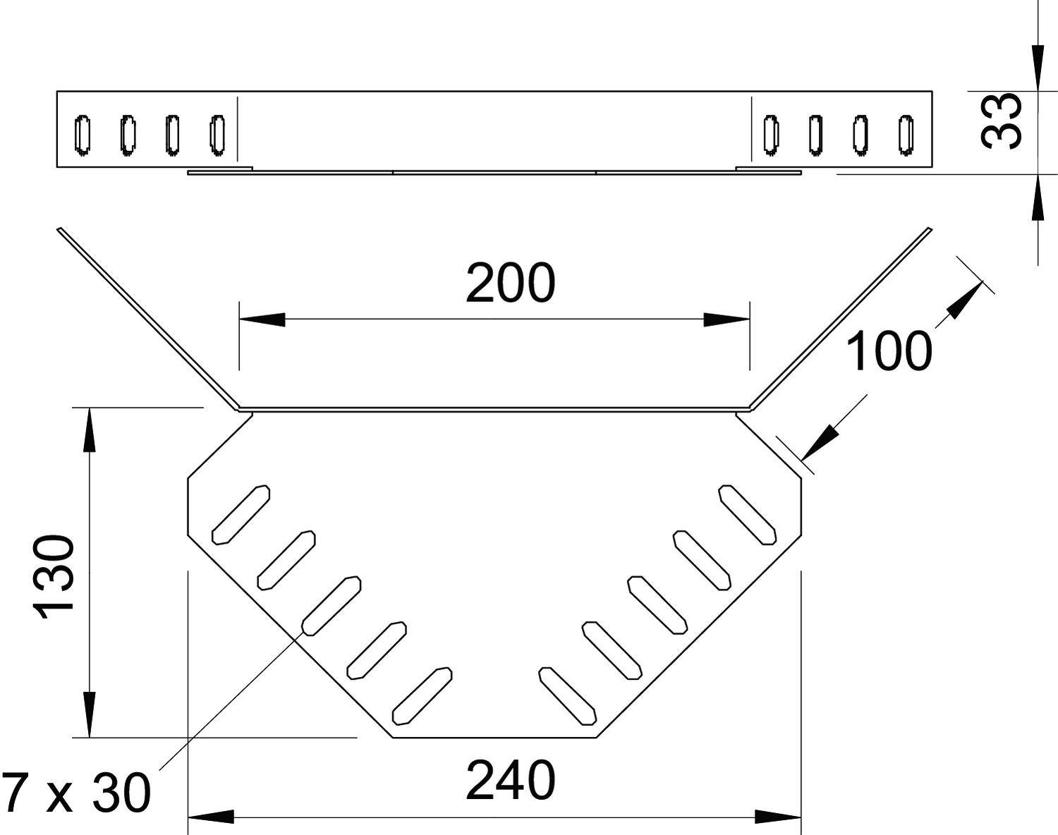 Technische Zeichnung eines Metallteils, das als Lüftungsgitter dient, mit Maßangaben: Breite 240 mm, Höhe 130 mm, Tiefe 33 mm.