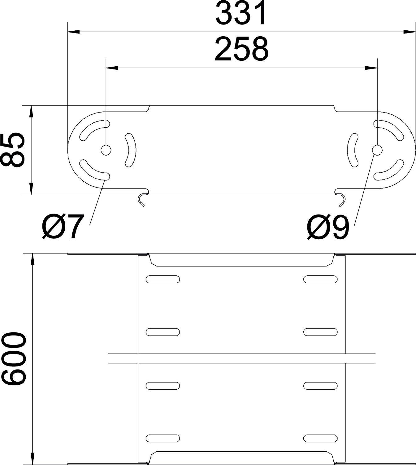 Technische Zeichnung zeigt ein Bauteil mit Maßen: Breite 331 mm, Länge 258 mm, Höhe 600 mm. Löcher mit Durchmesser 7 mm und 9 mm.