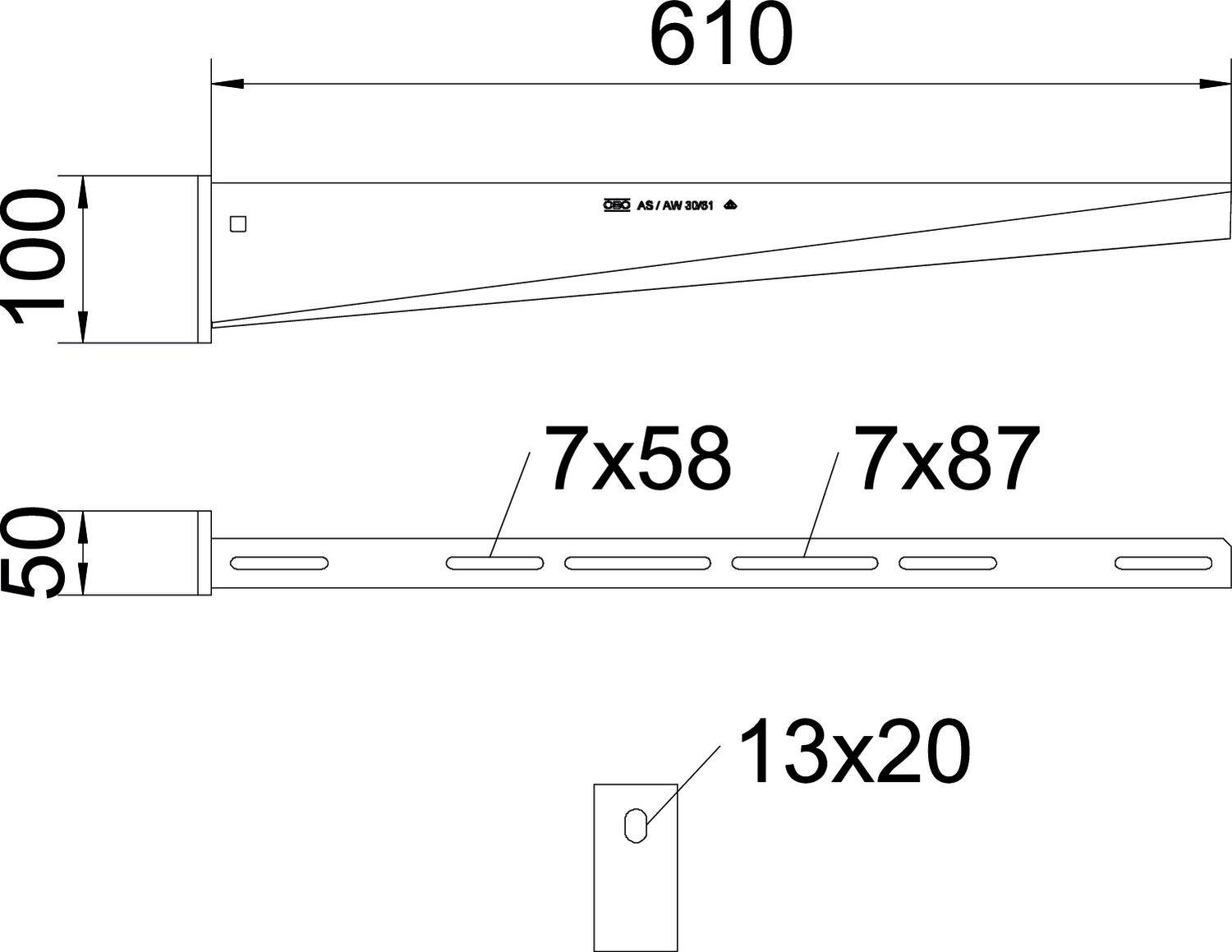 Technische Zeichnung eines Bauteils mit Abmessungen: 610 mm Länge, 100 mm und 50 mm Höhe. Löcher: 7 mit 58 mm, 7 mit 87 mm, 13x20 mm.