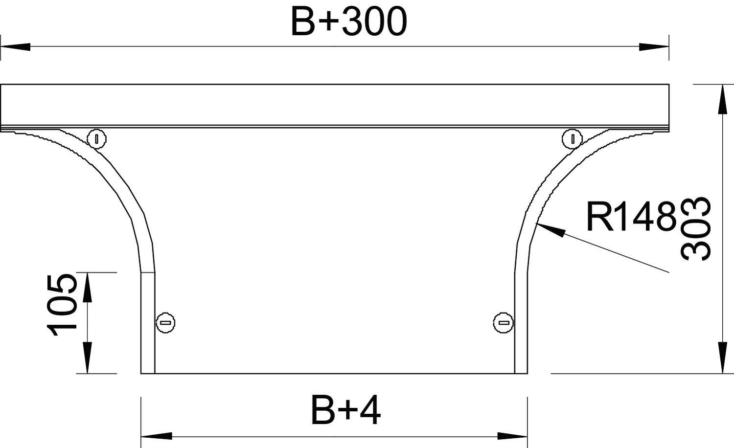 Technische Zeichnung eines Bauteils mit zwei gebohrten Löchern. Maße: B+300 Breite, 303 Höhe. R1483 Krümmungsradius.