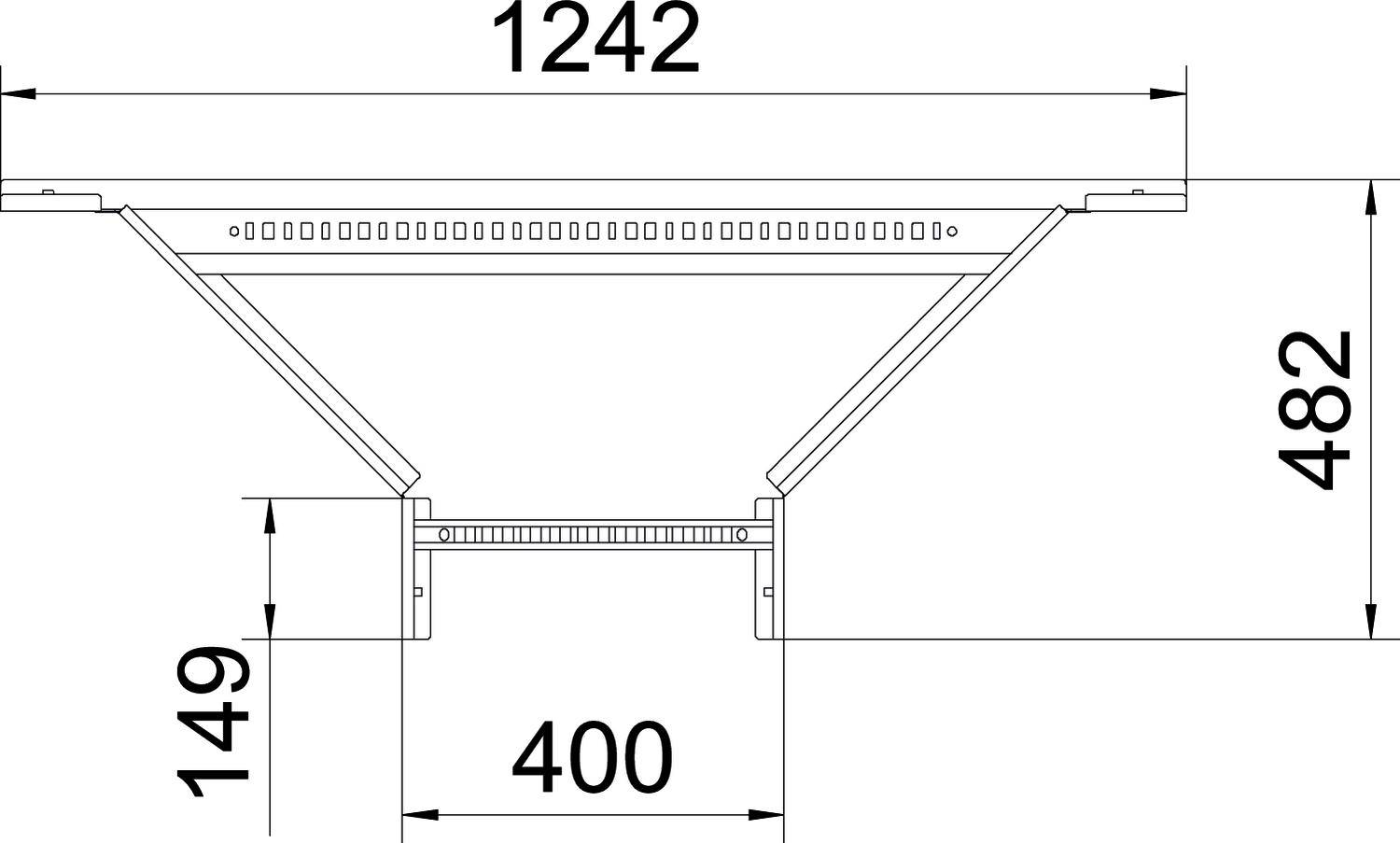Technische Zeichnung eines Metallträgers mit Maßen: Länge 1242 mm, Höhe 482 mm, Basisbreite 400 mm, zusätzliche Höhe 149 mm.