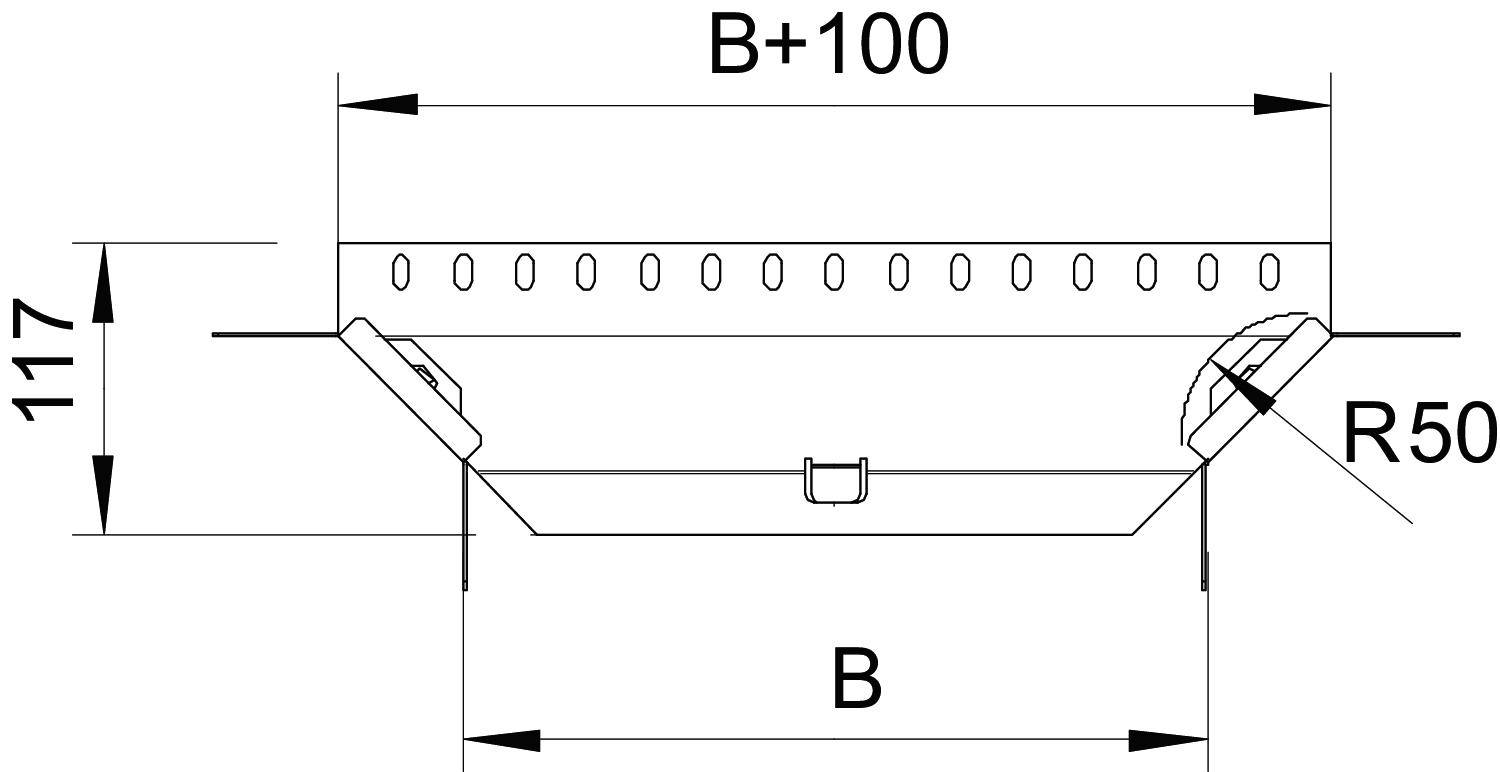 Technische Zeichnung eines trapezförmigen Rinnenprofils mit den Maßen 'B+100', Höhe '117', und Radius 'R50'.