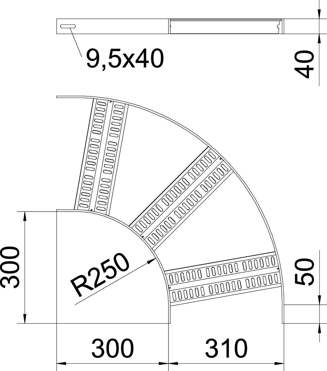 Technische Zeichnung eines Viertelkreises mit einem Radius von 250 mm und Abmessungen 300 x 310 mm. Enthält Maßlinien und Detail '9,5x40'.