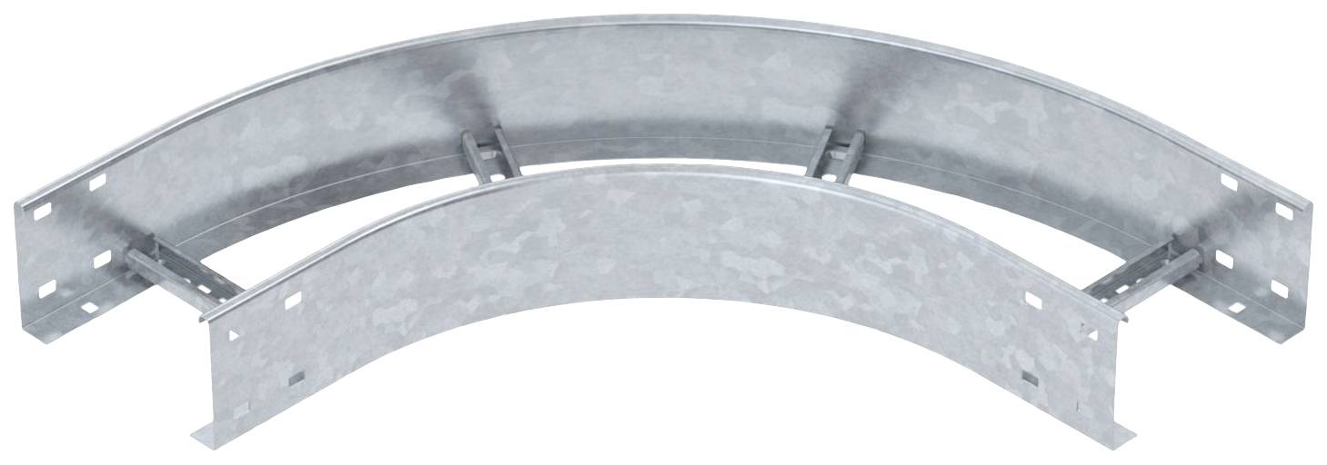 Metallischer Kabelkanal-Bogen in halbrunder Form, aus grauem Stahl. Wird in Kabelmanagementsystemen verwendet, um Richtungswechsel zu ermöglichen.