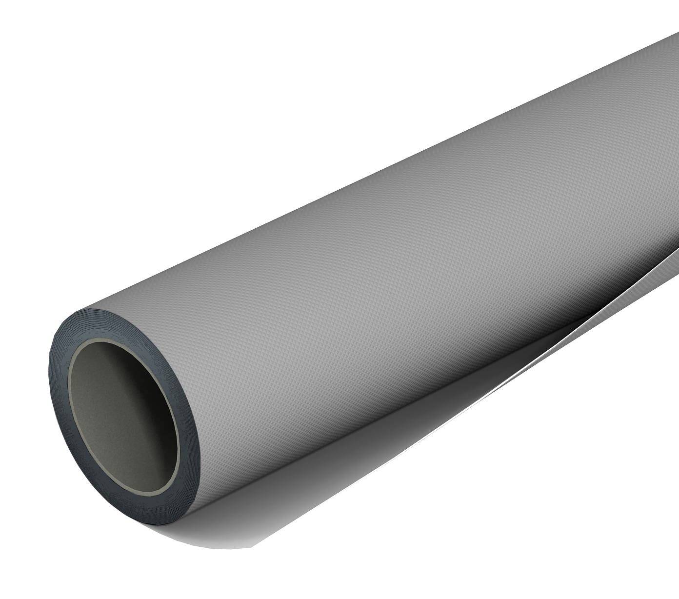 Graue, strukturierte Rolle von Vinylboden, leicht abgewickelt. Sie zeigt eine glatte Oberfläche, die für Innenräume geeignet ist.