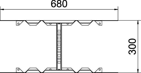 Technische Zeichnung einer Struktur mit Maßen: 680 mm Breite und 300 mm Höhe. Darstellung von Schnittansicht und Details des Innenaufbaus.