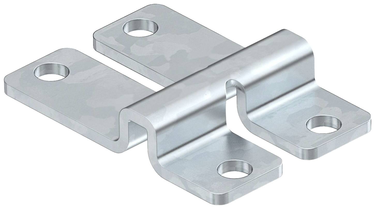 Metallhalterung mit vier Löchern, geeignet zur Befestigung an Oberflächen. Silberne Farbe, symmetrisches Design.