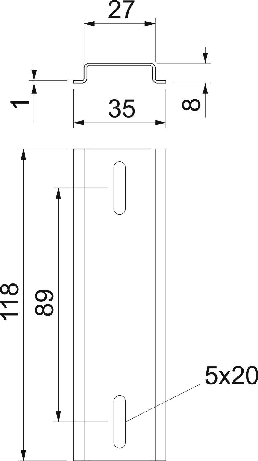 Technische Zeichnung eines Metallprofils mit Maßen: 27 mm Breite oben, 35 mm Breite unten, 118 mm Höhe, fünf Löcher von 5x20 mm.
