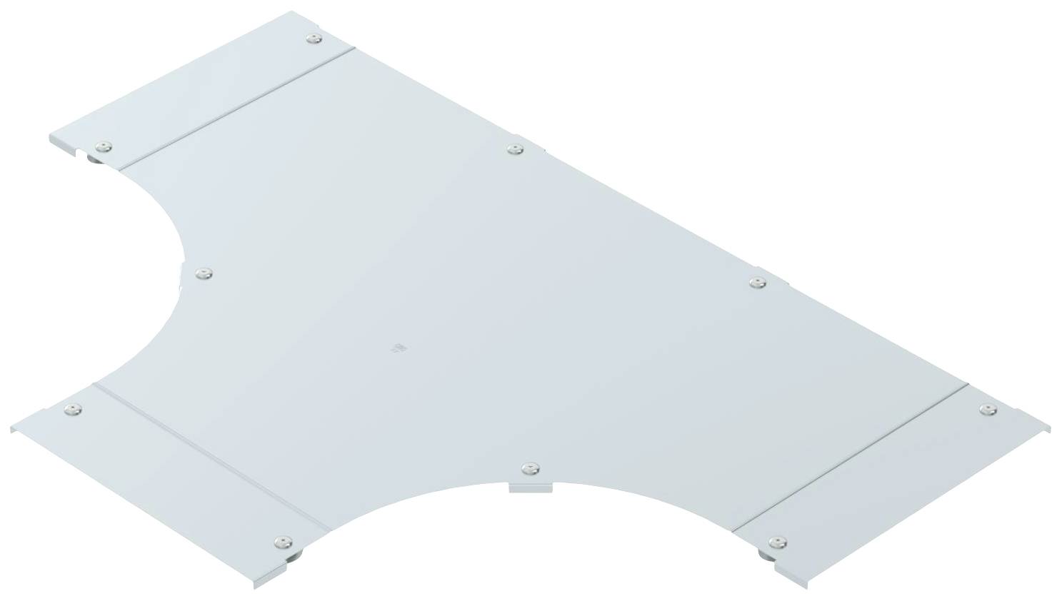 Metallplatte mit gewölbter Kante und Schrauben an jeder Ecke. Industrielles Design, wahrscheinlich Teil einer größeren Struktur.