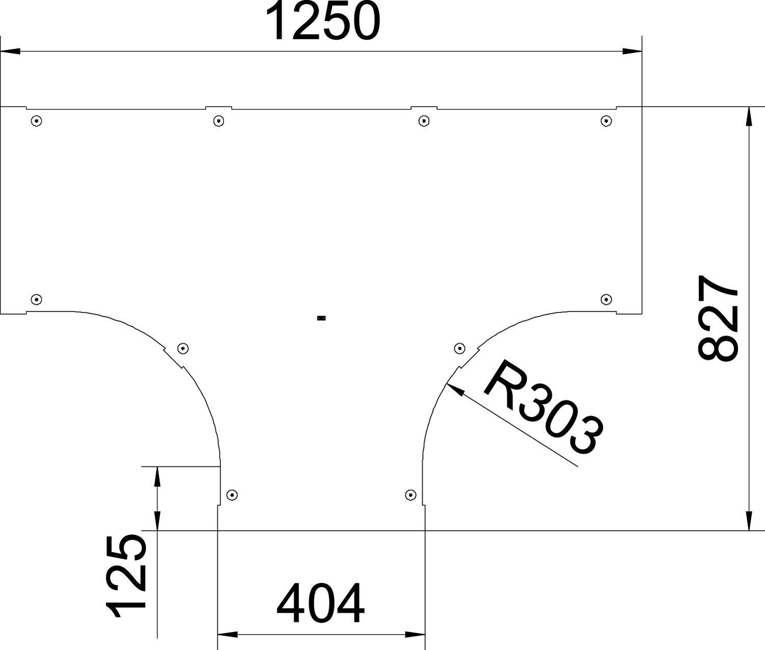 Technische Zeichnung eines rechteckigen Teils mit abgerundeten Ecken und Abmessungen: Breite 1250 mm, Höhe 827 mm, Radien R303.