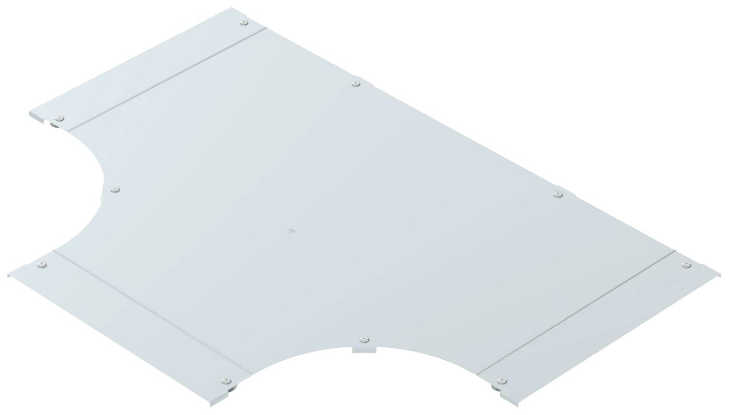 Ein weißes, rechteckiges Metallblech mit abgerundeten Kanten und Schrauben an den Ecken.